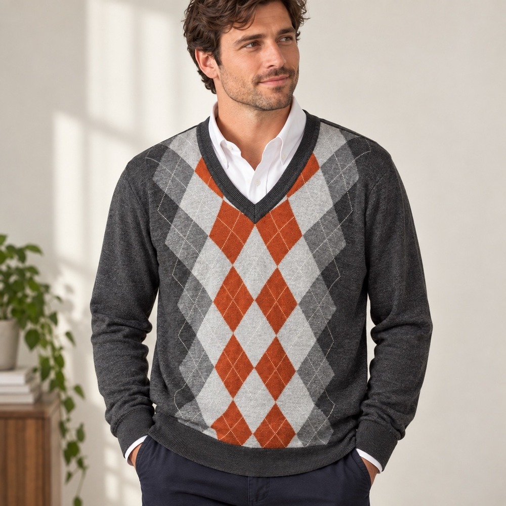 Banana Republic Mens XL 100% Merino Wool Argyle V-Neck Sweater Gray Charcoal